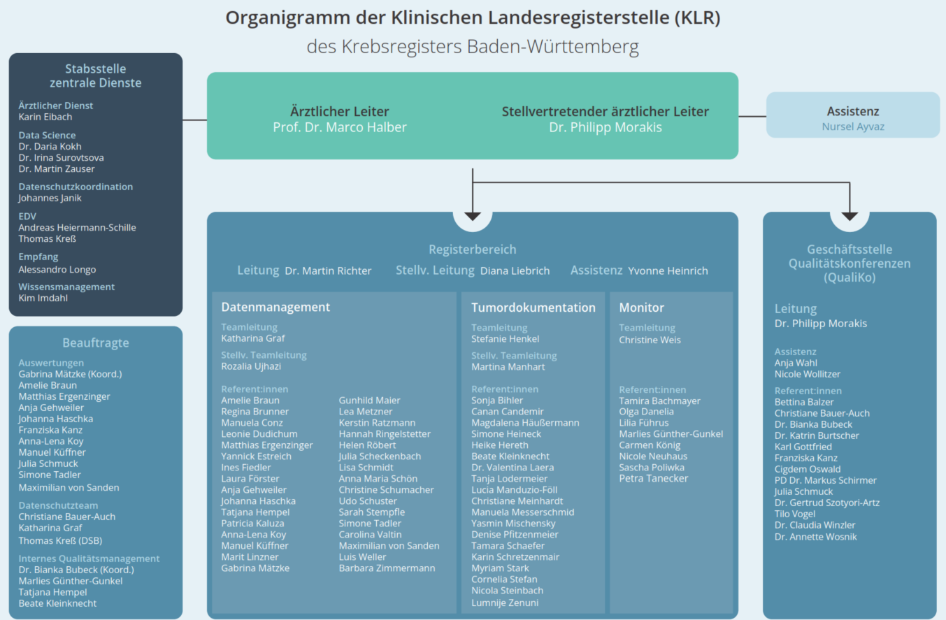 Organigramm; Struktur der klinischen Landesregisterstelle des Krebsregisters Baden-Württemberg mit den Hauptaufgabenbereichen und den Mitarbeitenden.