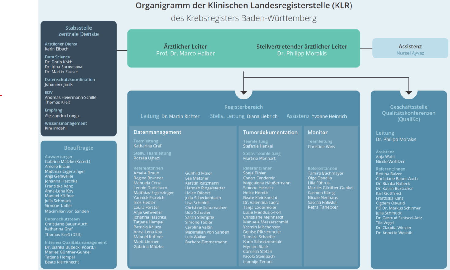 Organigramm; Struktur der klinischen Landesregisterstelle des Krebsregisters Baden-Württemberg mit den Hauptaufgabenbereichen und den Mitarbeitenden.
